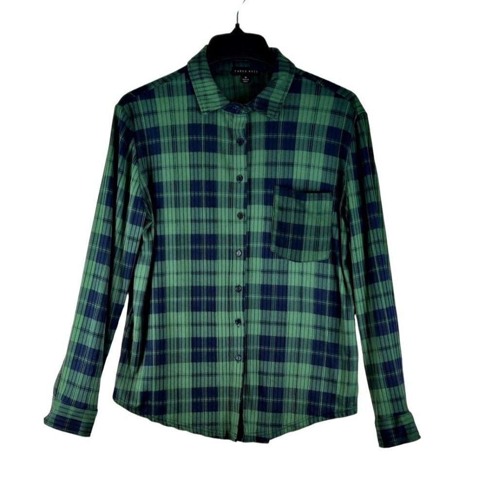 Faded Rose Women's Knit Plaid Button-up Shirt Green Navy Cottage Western